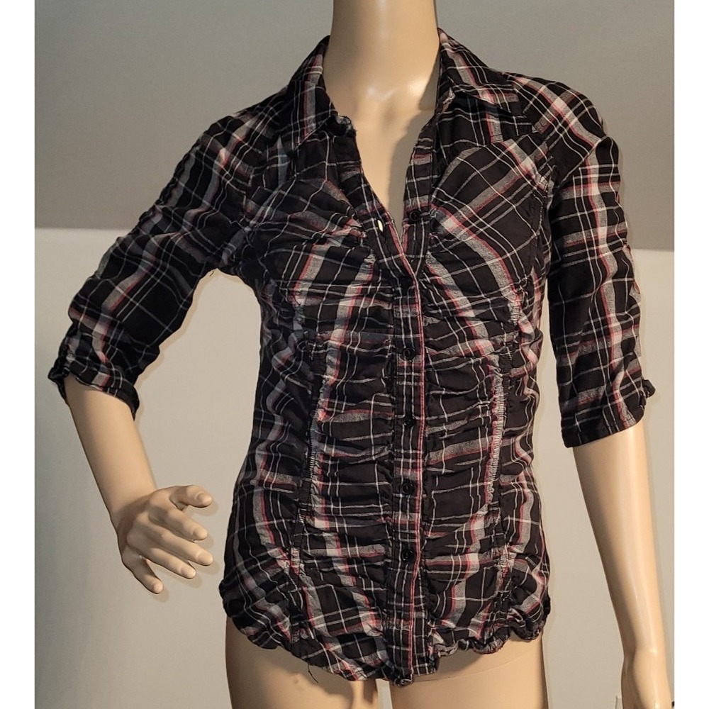 Warehouse One Women's Plaid Button-Up Shirt Size 6 Charcoal Black White Pink Ruc